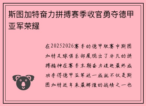斯图加特奋力拼搏赛季收官勇夺德甲亚军荣耀