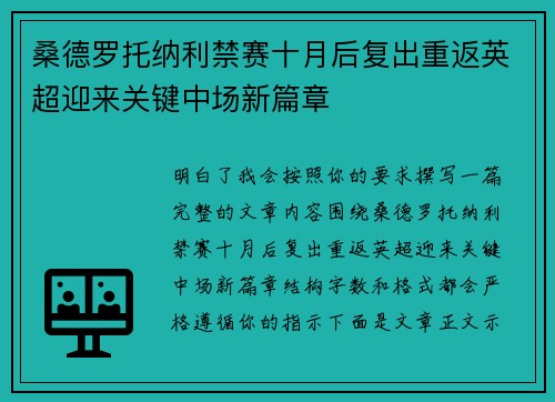 桑德罗托纳利禁赛十月后复出重返英超迎来关键中场新篇章