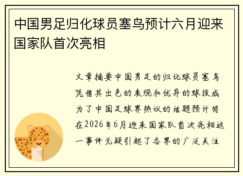中国男足归化球员塞鸟预计六月迎来国家队首次亮相